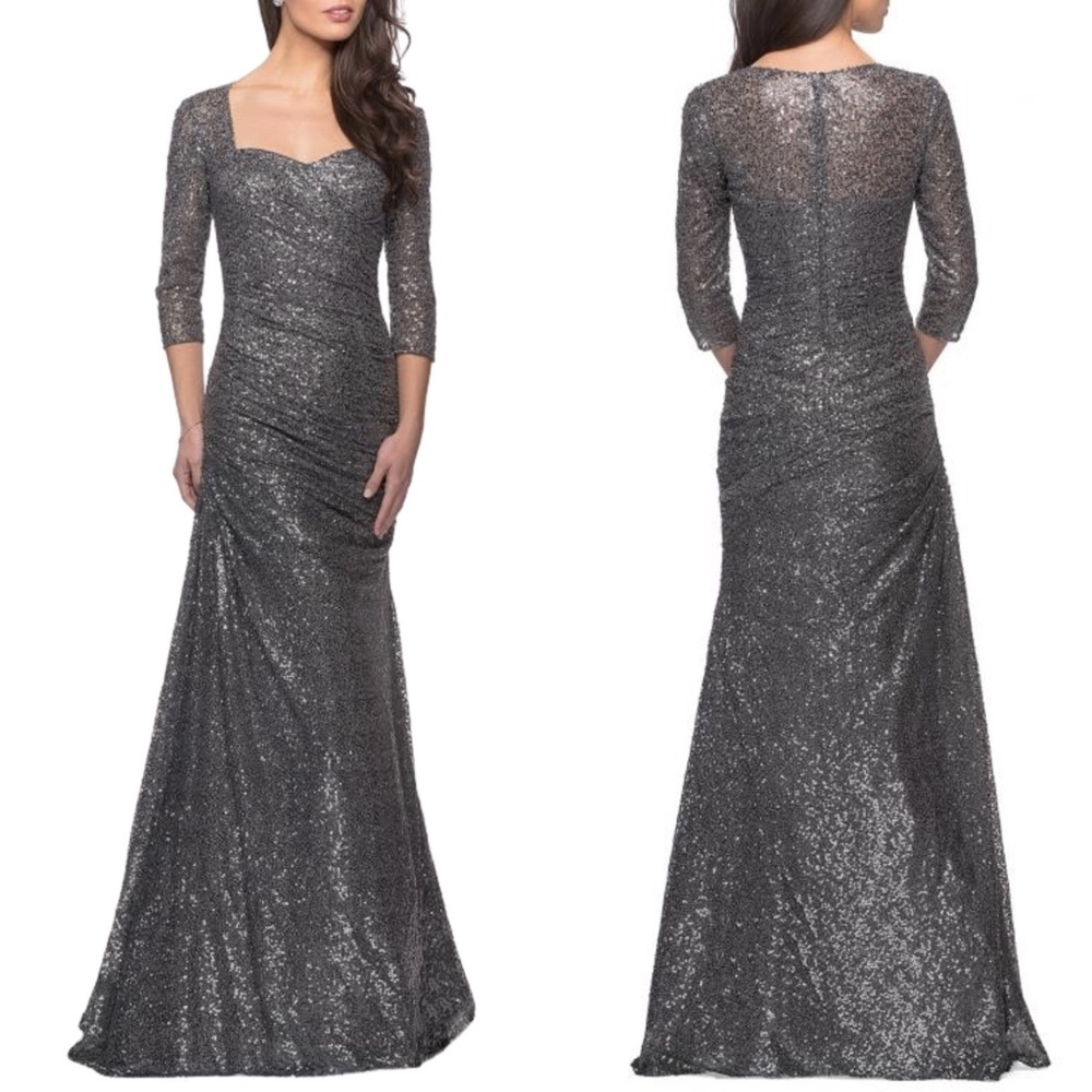 NEW La Femme 28065 Floor Length Fully Sequined 3/4 Sleeve Ruched Gown Gunmetal 8